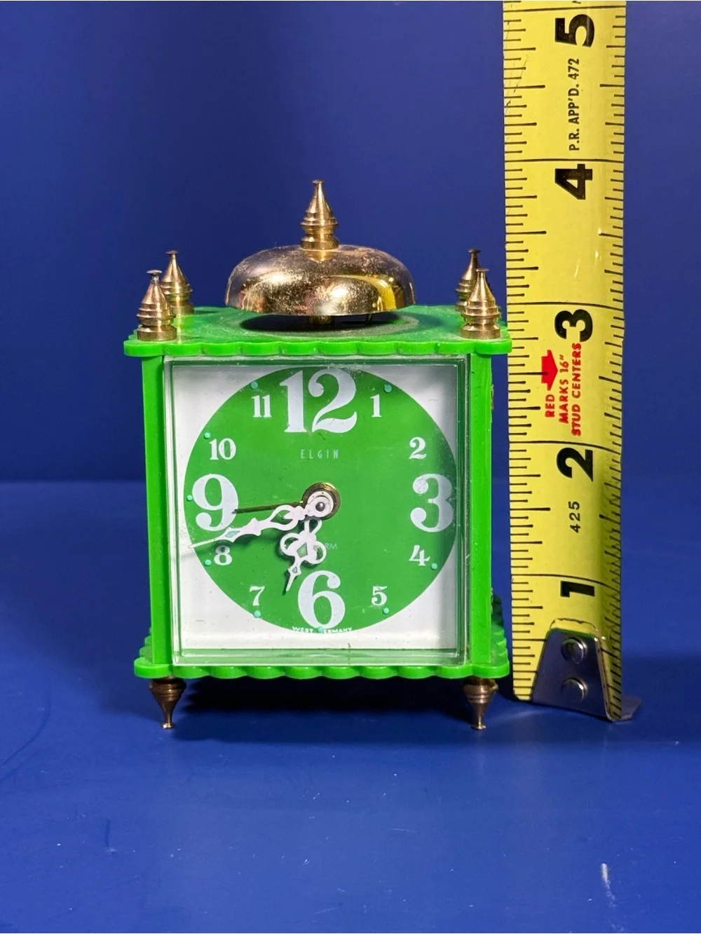 Vintage Elgin Alarm Clock – West Germany – Works – Mini 4” - Green w Gold Accent